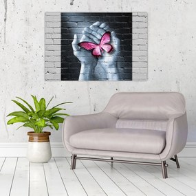 Obraz - Ružový motýľ v stene (90x60 cm)