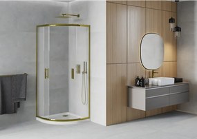 Mexen Rio, štvrťkruhový sprchovací kút s posuvnými dverami 80(dvere) x 80(dvere) x 190 cm, 6mm sklo námraza, zlatý profil + biela sprchová vanička SLIM, 863-080-080-50-30-4110G