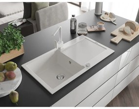 Mexen Leo, drez granitový 900x500x190 mm, 1-komorový, biely s chrómovým sifónom a biela drezová batéria Rita, 6501-20-670300-20