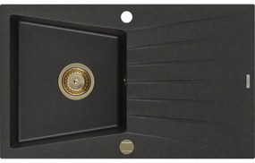 Mexen Cesar, granitový drez 775x470x190 mm, 1-komorový, čierna-zlatá metalíza so zlatým sifónom, 6514771010-75-G