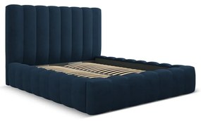 Tmavomodrá čalúnená dvojlôžková posteľ s úložným priestorom a roštom 160x200 cm Kelp – Micadoni Home