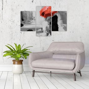 Obraz - Zamilovaný pár pod dáždnikom, červený (90x60 cm)