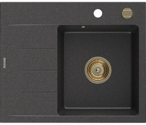 Mexen Ben, 1-komorový granitový drez 600x500x190 mm, pravý + zlatý sifón, čierna škvrnitá, 6523605000-76-G
