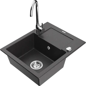 Mexen Enzo, 1-komorový granitový drez s odkvapkávačom 58x47 cm a kuchynskou batériou Telma, čierna-škvrnitá, 6506-76-670200-00