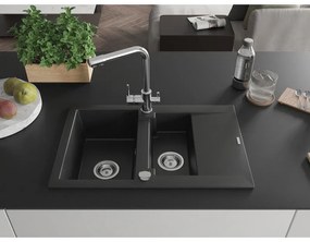 Mexen Gaspar, granitový drez 737x475x177 mm, 1,5-komorový, chrómová batéria Duero, čierna, 6507-77-671600-00
