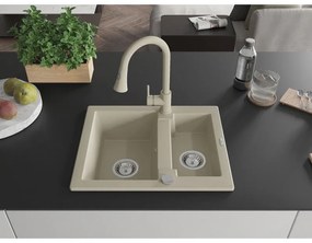 Mexen Carlos, 1,5-komorový granitový drez 582x475x177 mm a drezová batéria Elia, béžová, 6518-69-670101-69