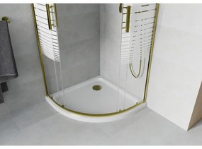 Mexen Rio, štvrťkruhový sprchovací kút s posuvnými dverami 80(dvere) x 80(dvere) x 190 cm, 6mm číre sklo s pásikmi, zlatý profil + biela sprchová vanička SLIM, 863-080-080-50-20-4110G