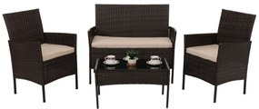 Záhradná súprava 2 kresiel, pohovky a stolíka HWC-N98 - hnedá, vankúš krémová
