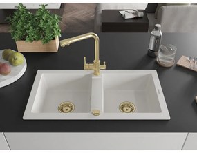 Mexen Mario, 2-komorový granitový drez 820x436x161 mm a zlatá lesklá drezová batéria Duero, biela, 6504-20-671600-50