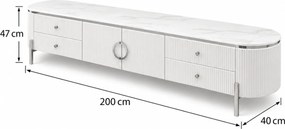 TV STOLÍK GASTON STRIEBORNÉ NOHY + BIELA + MRAMOR 200 cm