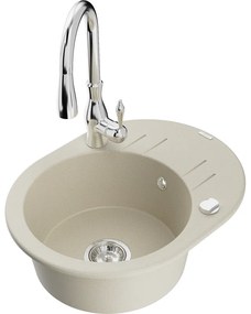 Mexen Kevin, granitový drez 586x458x190 mm, 1-komorový a drezová batéria Savita, béžová, 6517-69-672601-00