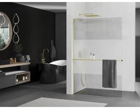 Mexen Kioto+ L, sprchová zástena Walk-In s poličkou a vešiakom 100 x 200 cm, 8mm číre sklo-námraza, zlatý lesklý profil,800-100-123-50-35