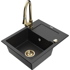 Mexen Enzo, 1-komorový granitový drez 576x465x174 mm a drezová batéria Elia, čierna-strieborná metalíza, 6506-73-670101-50