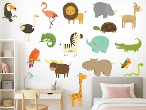 Exotické zvieratká textilní prelepiteľné nálepky na stenu list 46 x 25 cm