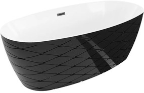 Mexen Olea, voľne stojaca vaňa, vzor, 170 × 80 cm, biela-čierna, čierny prepad, 52821708075-70