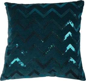 Tyrkysový zamatový vankúš s flitrami Zigzag – 45*45 cm
