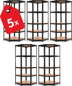 Akcia 5x Regál 180x90x40 cm rohový lakovaný 5-polícový, nosnosť 875 kg - čierny