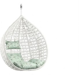 Biele závesné kreslo KOKON bez stojanu, svetlozelený vankúš so vzorom