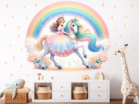 Dúhový jednorožec a princezná textilní prelepiteľná nálepka na stenu hárok 45 x 37 cm