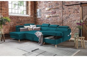 Tyrkysová zamatová rozkladacia rohová pohovka do "U" (ľavý roh) Sweet Harmony – Miuform