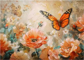 Sklenený obraz - Motýľ a kvety, olejomaľba (70x50 cm)