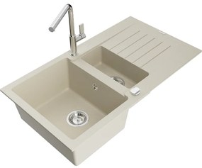 Mexen Matias, 1,5-komorový granitový drez 900x505x200 mm a drezová batéria Flora, béžová, 6502-69-670401-00