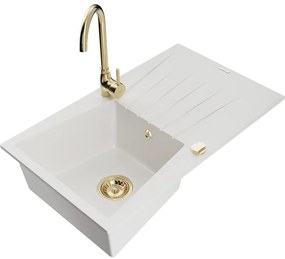 Mexen Cesar, 1-komorový granitový drez s odkvapkávačom 78x47 cm a kuchynskou batériou Telma, biela, 6514-20-670200-50