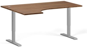 Rohový výškovo nastaviteľný stôl, 160x120 cm, 2 motory, L/P, sivá podnož, orech