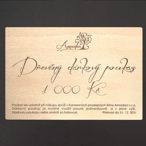 Drevený darčekový poukaz do kamenných obchodov firmy Amadea sro v hodnote 1.000 Kč