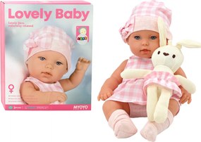 LEAN Toys Bábika bábätko v nosiči zajačik, ružové kockované oblečenie