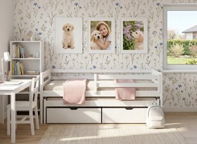 Detská posteľ z masívu SANDRA s prístelkou a šuplíky - 200x90 cm - BIELA