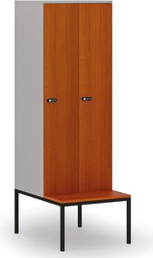 Drevená šatníková skrinka S4 s lavičkou, 2 oddiely, 1871 x 600 x 500/800 mm, demont, mechanický kódový zámok, sivá/čerešňa