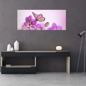 Obraz - Motýľ na kvetoch orchidey, lila (120x50 cm)