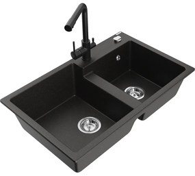 Mexen Tomas, granitový drez 800x500x190 mm, 2-komorový a čierna batéria Duero, čierna - zlatá metalíza, 6516-75-671600-70