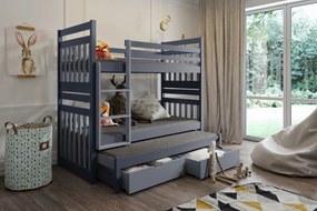 Detská poschodová posteľ z masívu borovice SAMBOR s prístelkou a zásuvkami - 200x90 cm - grafit/sivá