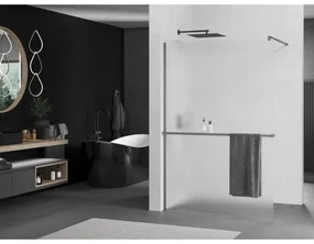 Mexen Kioto+, sprchová zástena Walk-In s poličkou a vešiakom 140 x 200 cm, 8mm sklo námraza, grafitový profil, 800-140-121-66-30