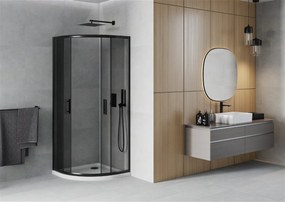 Mexen Rio, štvrťkruhový sprchovací kút s posuvnými dverami 90 (dvere) x 90 (dvere) x 190 cm, 5mm šedé sklo, čierny profil + biela sprchová vanička Slim, 863-090-090-70-40-4110B