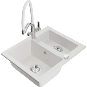 Mexen Carlos, 1,5-komorový granitový drez 582x475x177 mm a drezová batéria Duo, biela, 6518-20-671701-02