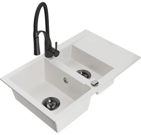 Mexen Gaspar, 1,5-komorový granitový drez 737x475x177 mm a drezová batéria Aster, biela, 6507-20-73450-70-B