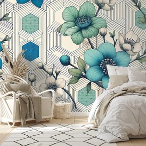 Tapeta modré kvety s geometrickým pozadím