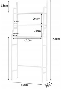 VERK GROUP Kúpeľňový regál nad práčku s 3 policami, biely, 153 x 65 x 25 cm