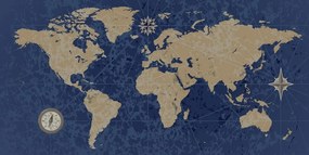 Obraz mapa sveta s kompasom v retro štýle na modrom pozadí - 120x60