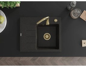 Mexen Ben, 1-komorový granitový drez 600x500x190 mm, pravý + zlatý sifón, čierna-zlatá metalíza, 6523605000-75-G