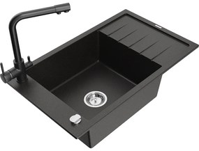 Mexen Elias, 1-komorový granitový drez s odkvapkávačom 795x480x200 mm a čierna batéria Duero, čierna - zlatá metalíza, 6511-75-671600-70