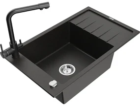 Mexen Elias, 1-komorový granitový drez s odkvapkávačom 795x480x200 mm a čierna batéria Duero, čierna - zlatá metalíza, 6511-75-671600-70