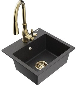 Mexen Milo, 1-komorový granitový drez 435x410x171 mm a drezová batéria Savita, čierna škvrtnitá, 6505-76-672601-50