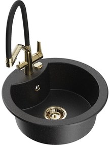 Mexen Diego, 1-komorový granitový drez 488x488x167 mm a drezová batéria Duo, čierna-strieborná metalíza, 6512-73-671701-57-G