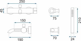 Rea Lungo, nástenná vaňová batéria s ručnou sprchovou sadou, zlatá matná, REA-B8010