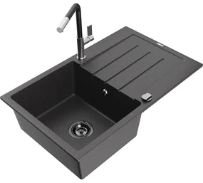 Mexen Bruno, 1-komorový granitový drez 795x495x200 mm a drezová batéria Flora, čierna škvrnitá, 6513-76-670401-07-B