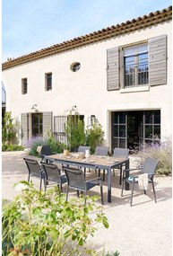 DEOKORK Hliníkový stôl VANCOUVER 142/202x90 cm (antracit/efekt dreva)